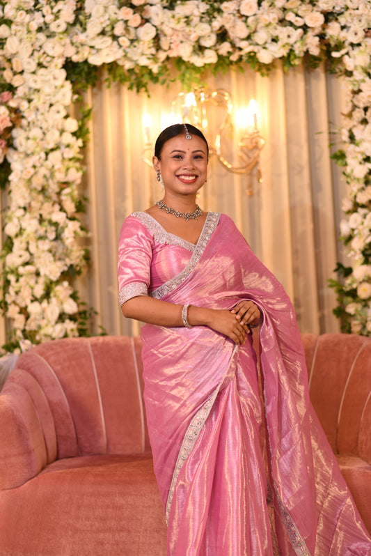 Diamond pink tissue saree